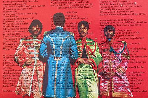An image showing part of the back cover of <em>Sgt. Pepper's Lonely Hearts Club Band</em>, with George pointing to a specific lyric. Original source: Dr. Lipscomb took a photo of his copy of the album.